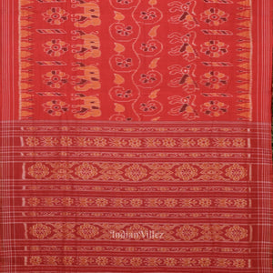 Red Elephant Theme Odisha Ikat Sambalpuri Cotton Saree