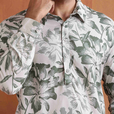 trueBrowns Men's Off White Printed Short Kurta