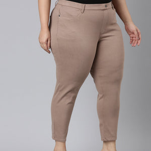 Women Solid Light Chocolate Mid Rise Cropped Jeggings