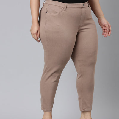 Women Solid Light Chocolate Mid Rise Cropped Jeggings