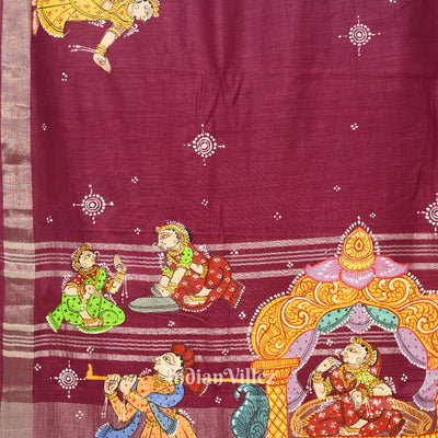 Magenta Doli Barat Theme Hand-Painted Pattachitra Saree