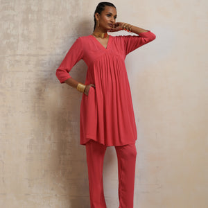 trueBrowns Peach Crinkle Flared Kurta Co-ord Set