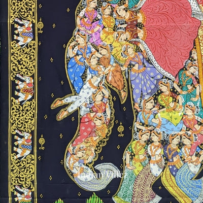 Deep Blue Kandarpa Hati (Elephant) Hand-Painted Pattachitra Saree