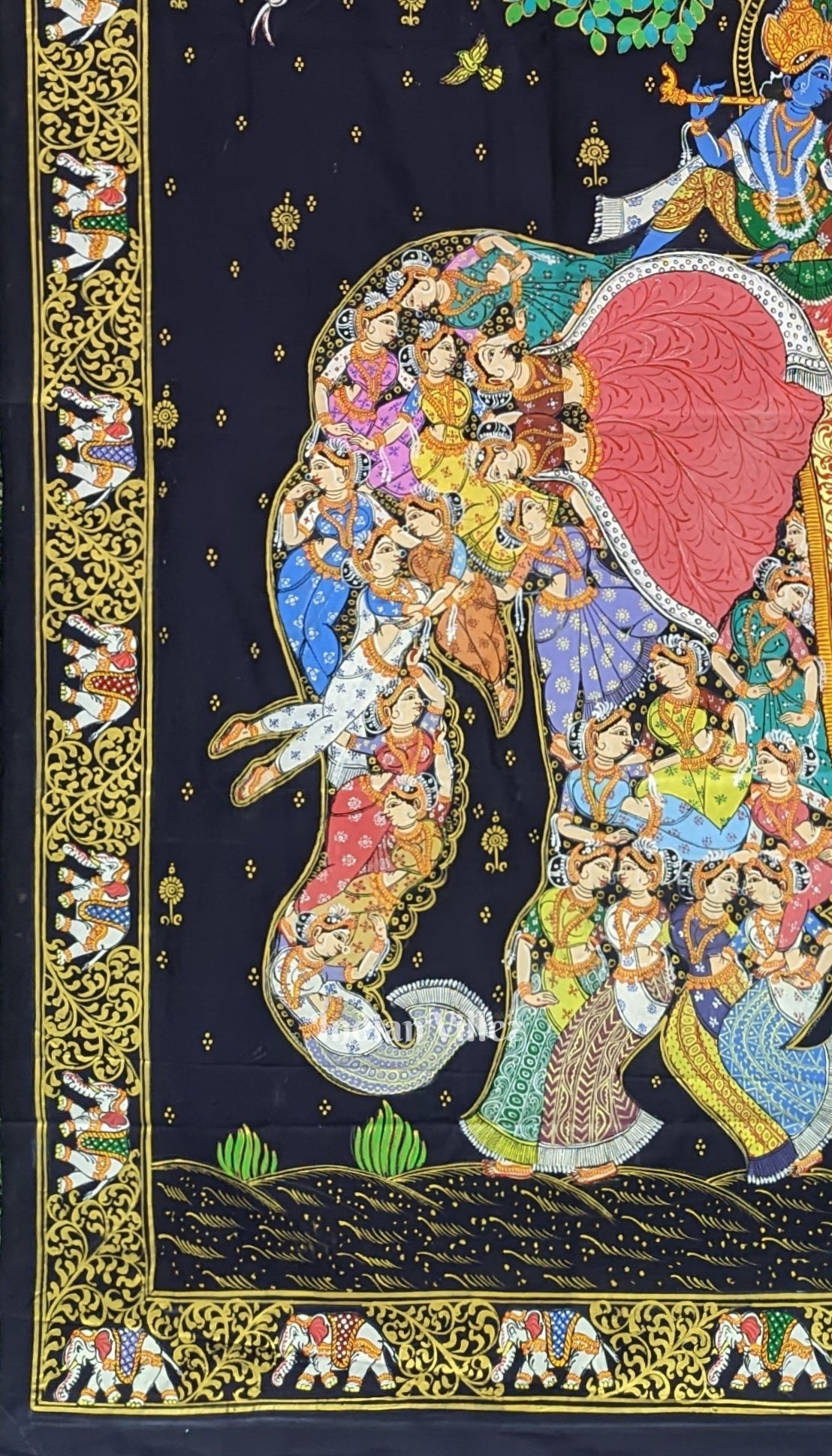 Deep Blue Kandarpa Hati (Elephant) Hand-Painted Pattachitra Saree
