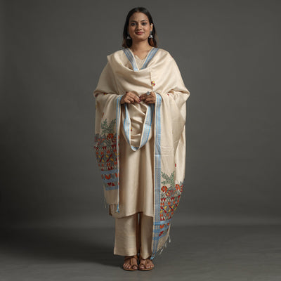 Beige - Madhubani Handpainted Tussar Cotton Handloom Dupatta 01