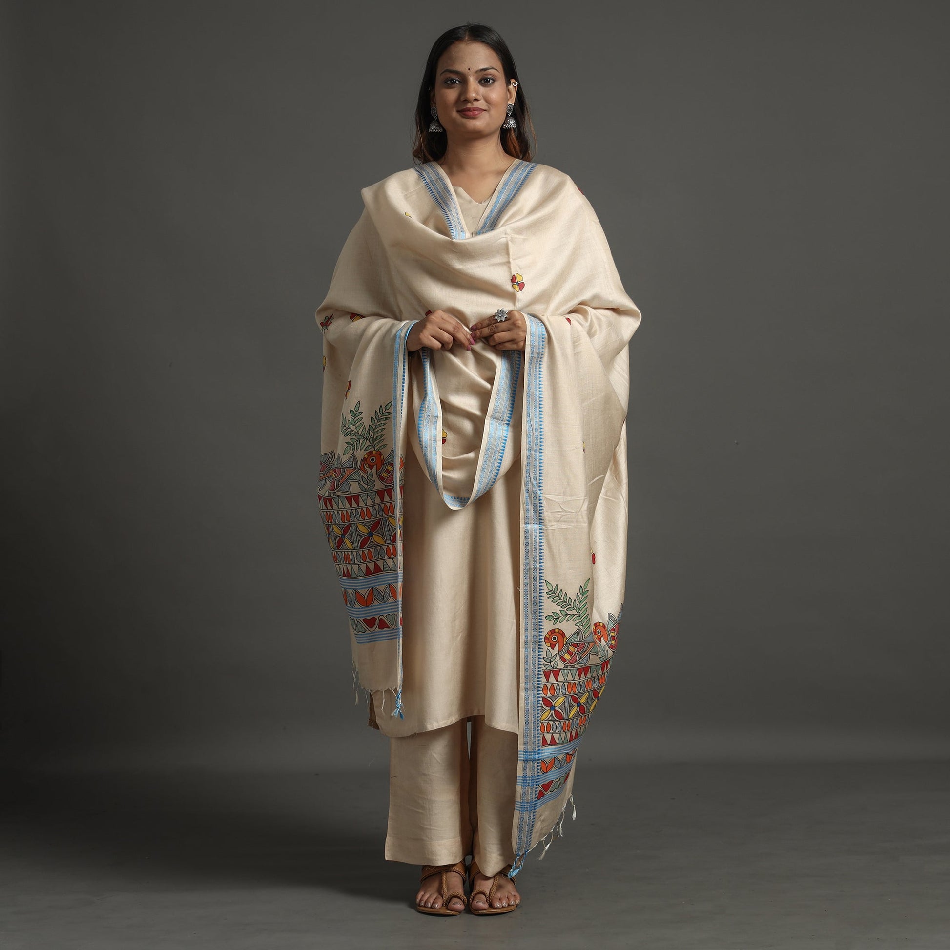 Beige - Madhubani Handpainted Tussar Cotton Handloom Dupatta 01