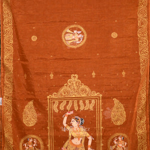 Orange Bronze Nartaki Theme Hand- Painted Pattachitra Saree