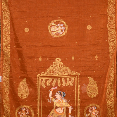 Orange Bronze Nartaki Theme Hand- Painted Pattachitra Saree