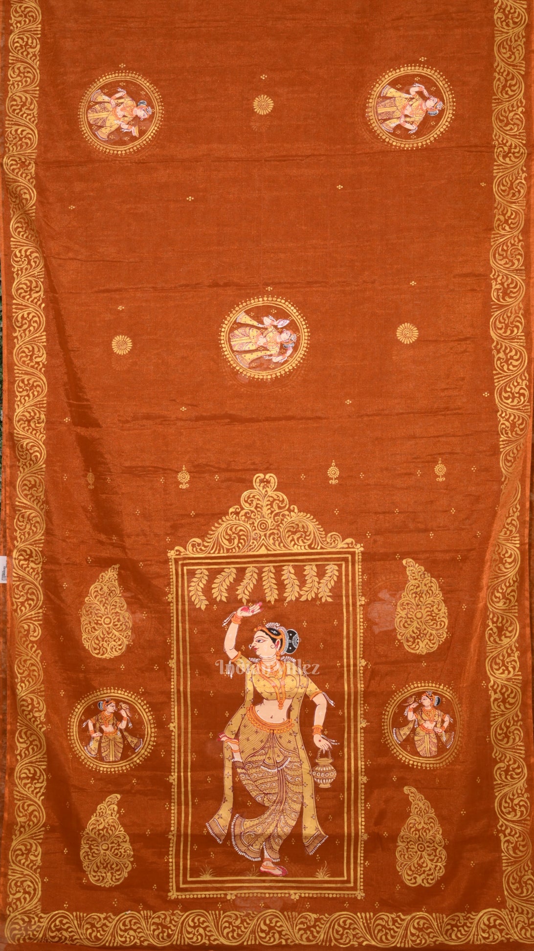Orange Bronze Nartaki Theme Hand- Painted Pattachitra Saree