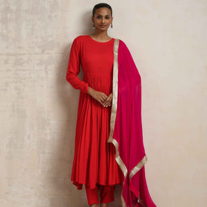 trueBrowns Red Crinkle Anarkali Kurta Pant Dupatta Set