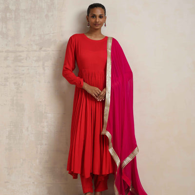 trueBrowns Red Crinkle Anarkali Kurta Pant Dupatta Set