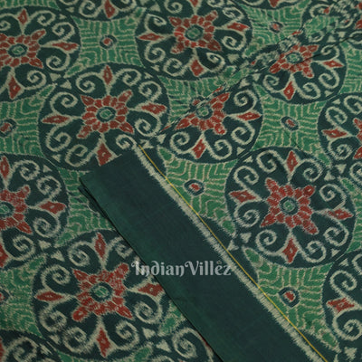 Green Flower Motif Sambalpuri Ikat Cotton Fabric