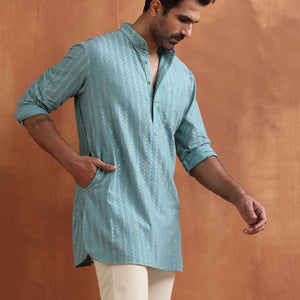 trueBrowns Men's Green Cotton Dobby Short Kurta