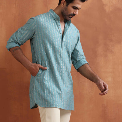 trueBrowns Men's Green Cotton Dobby Short Kurta