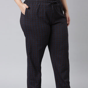Women Printed Black Mid Rise Cotton Knit Lounge Pants