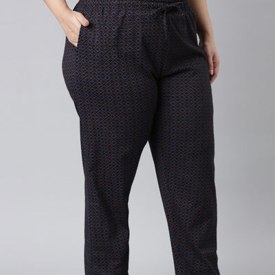 Women Printed Black Mid Rise Cotton Knit Lounge Pants
