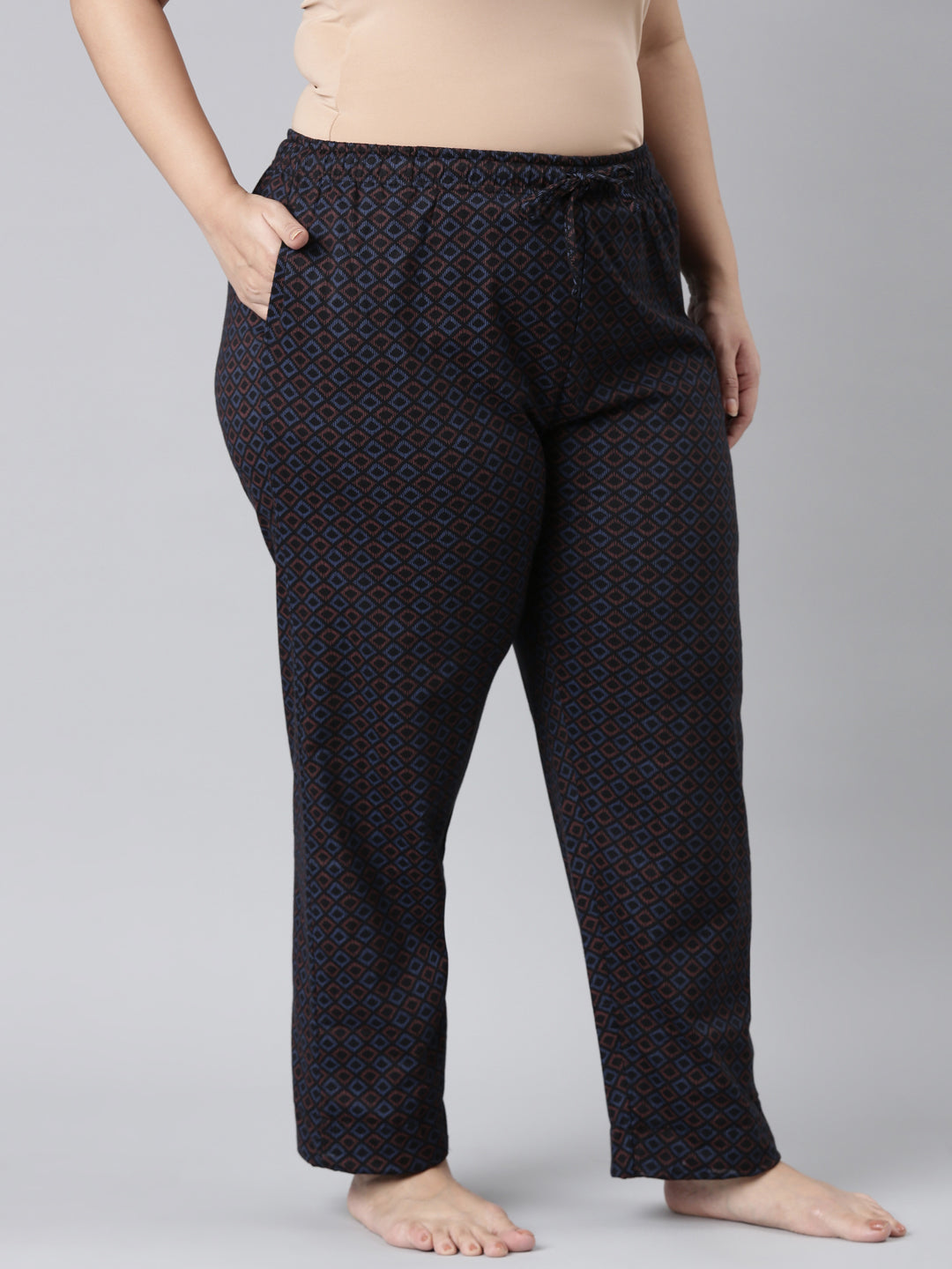 Women Printed Black Mid Rise Cotton Knit Lounge Pants