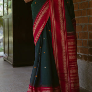 Teal Handloom Korvai Kanchi Cotton Saree With Annam Buttas