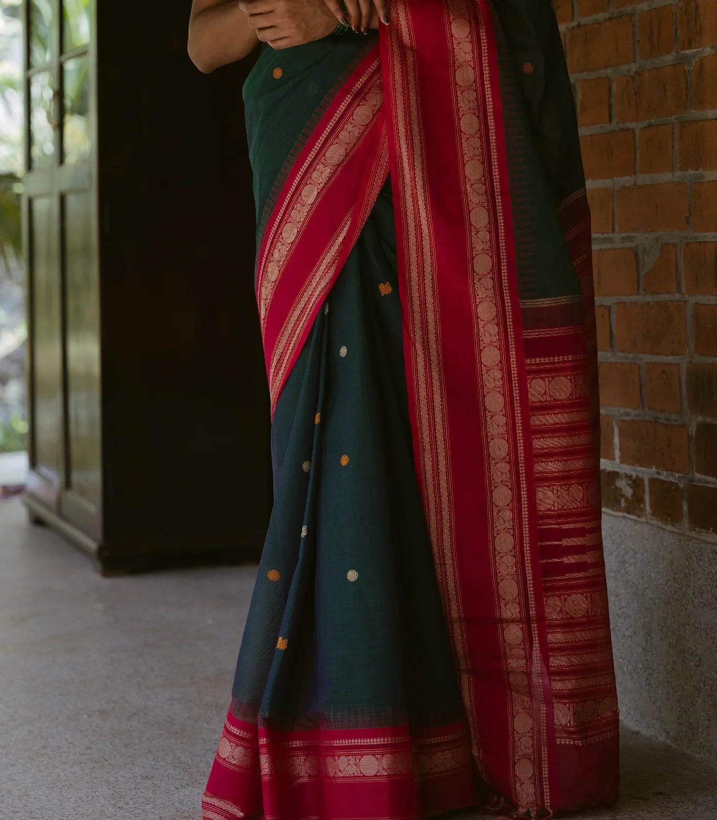 Teal Handloom Korvai Kanchi Cotton Saree With Annam Buttas