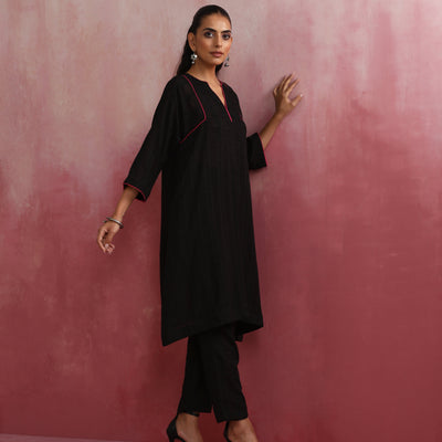 trueBrowns Black Cotton Dobby Kurta Co-ord set
