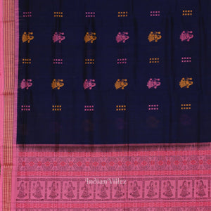 Navy Blue Pink Doll Theme Bomkai Cotton Saree