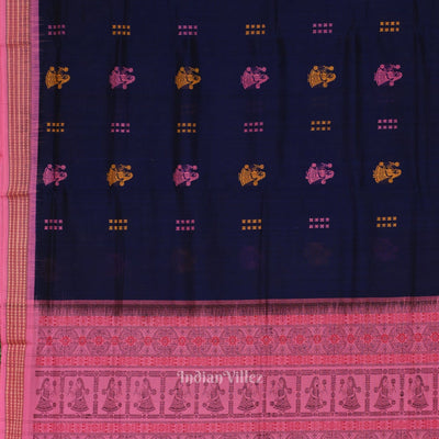 Navy Blue Pink Doll Theme Bomkai Cotton Saree