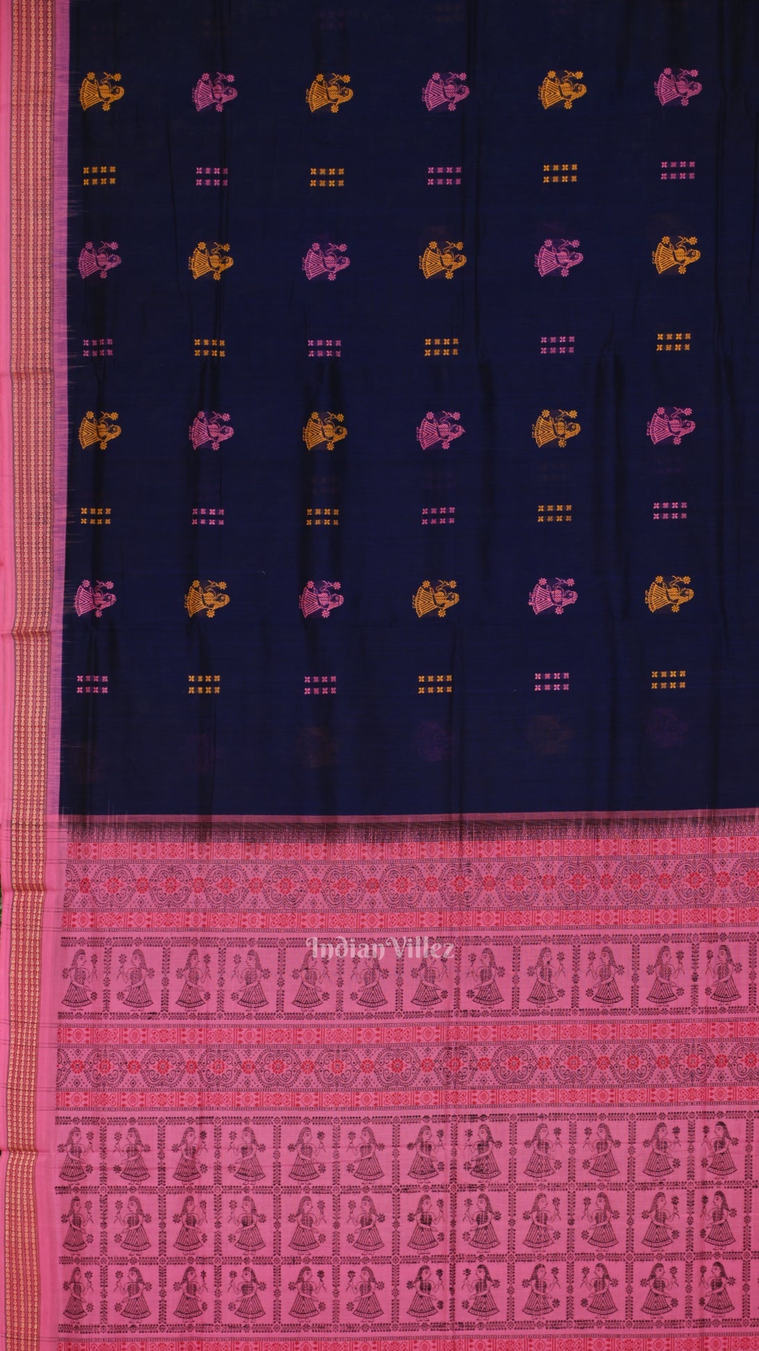 Navy Blue Pink Doll Theme Bomkai Cotton Saree