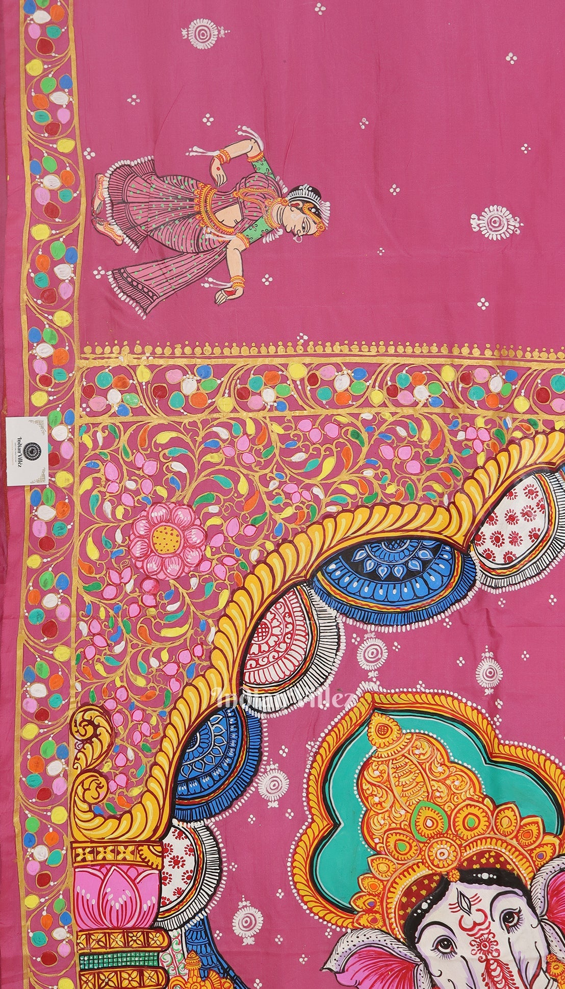 Pink Shree Siddhivinayak Ganapati Hand-Painted Pattachitra Saree