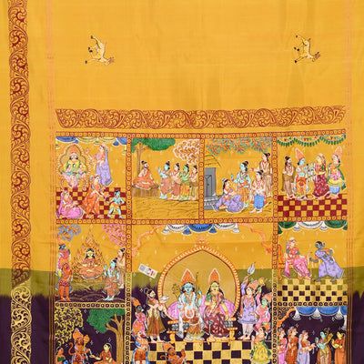 Yellow Violet Ramayan Hand-Painted Pattachitra Saree