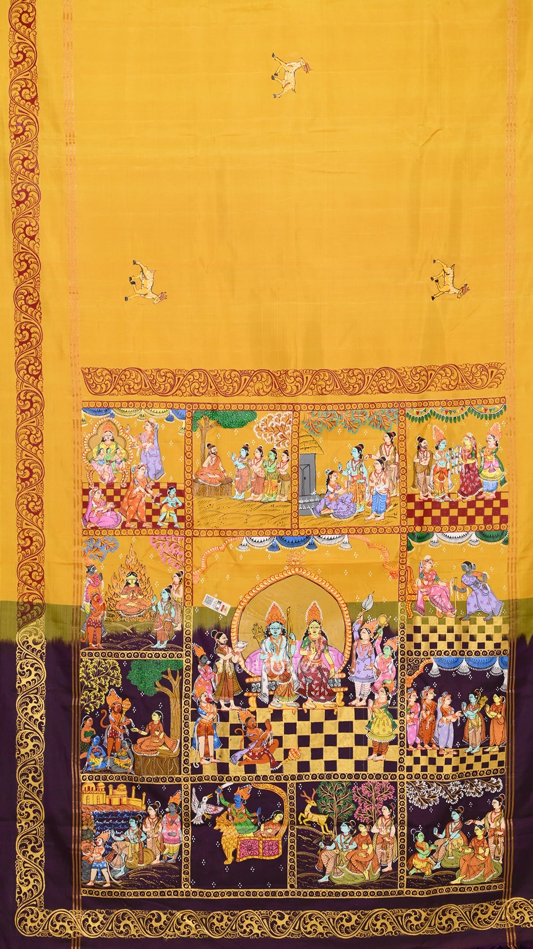 Yellow Violet Ramayan Hand-Painted Pattachitra Saree