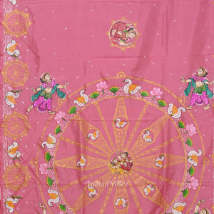 Baby Pink Konark Chakra & Dancer Theme Hand-Painted Pattachitra Saree