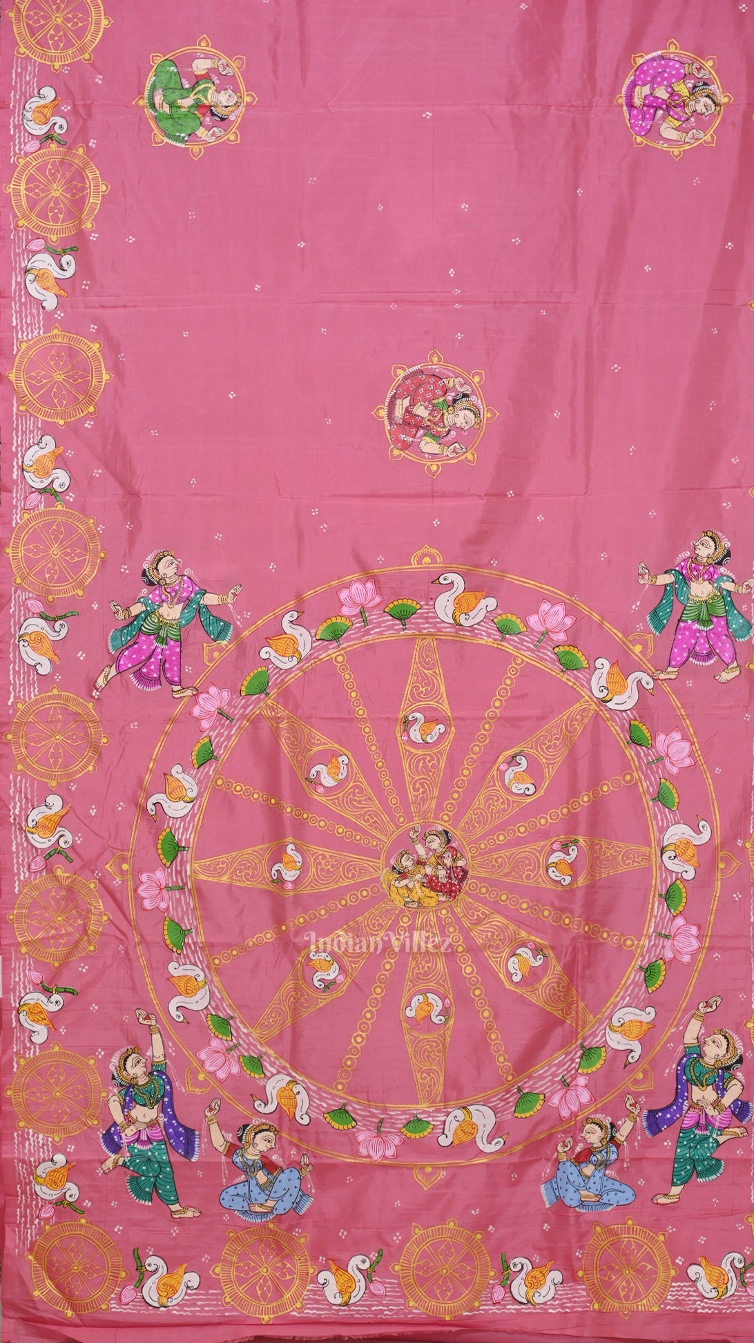 Baby Pink Konark Chakra & Dancer Theme Hand-Painted Pattachitra Saree