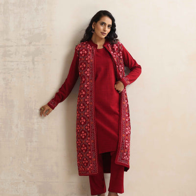 trueBrowns Maroon Kashmiri Woollen Jacket 3pc Set