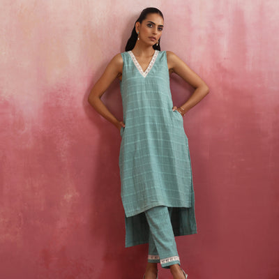 trueBrowns Aqua Blue Cotton Dobby High low Kurta Set