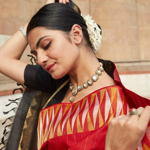 Red Handloom Kanchipuram Silk Saree With Stripes