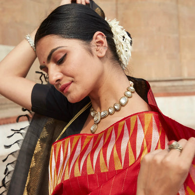 Red Handloom Kanchipuram Silk Saree With Stripes