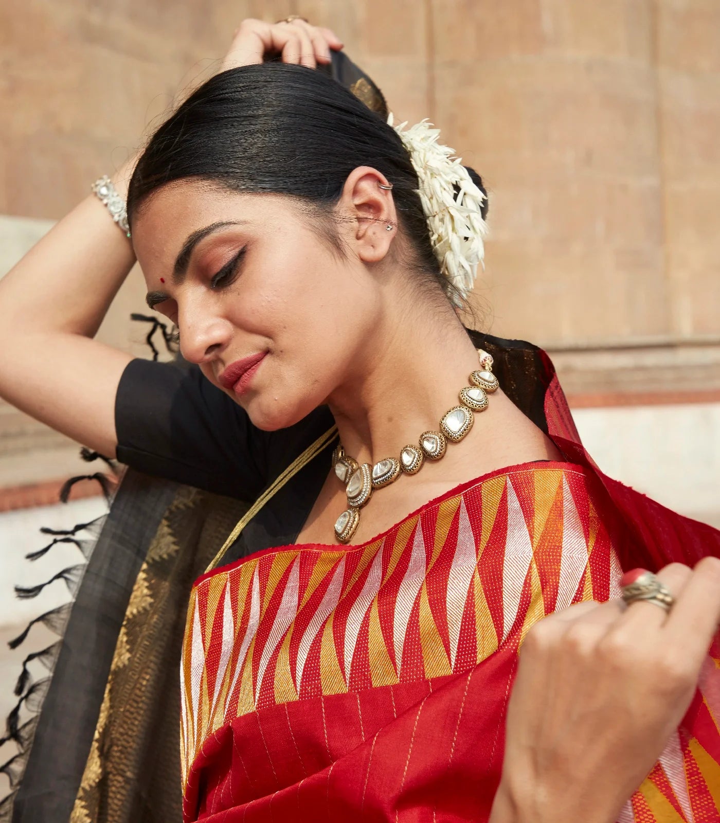 Red Handloom Kanchipuram Silk Saree With Stripes
