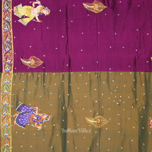 Mehendi Green Dual Tone Giri Govardhan Hand-Painted Pattachitra Saree