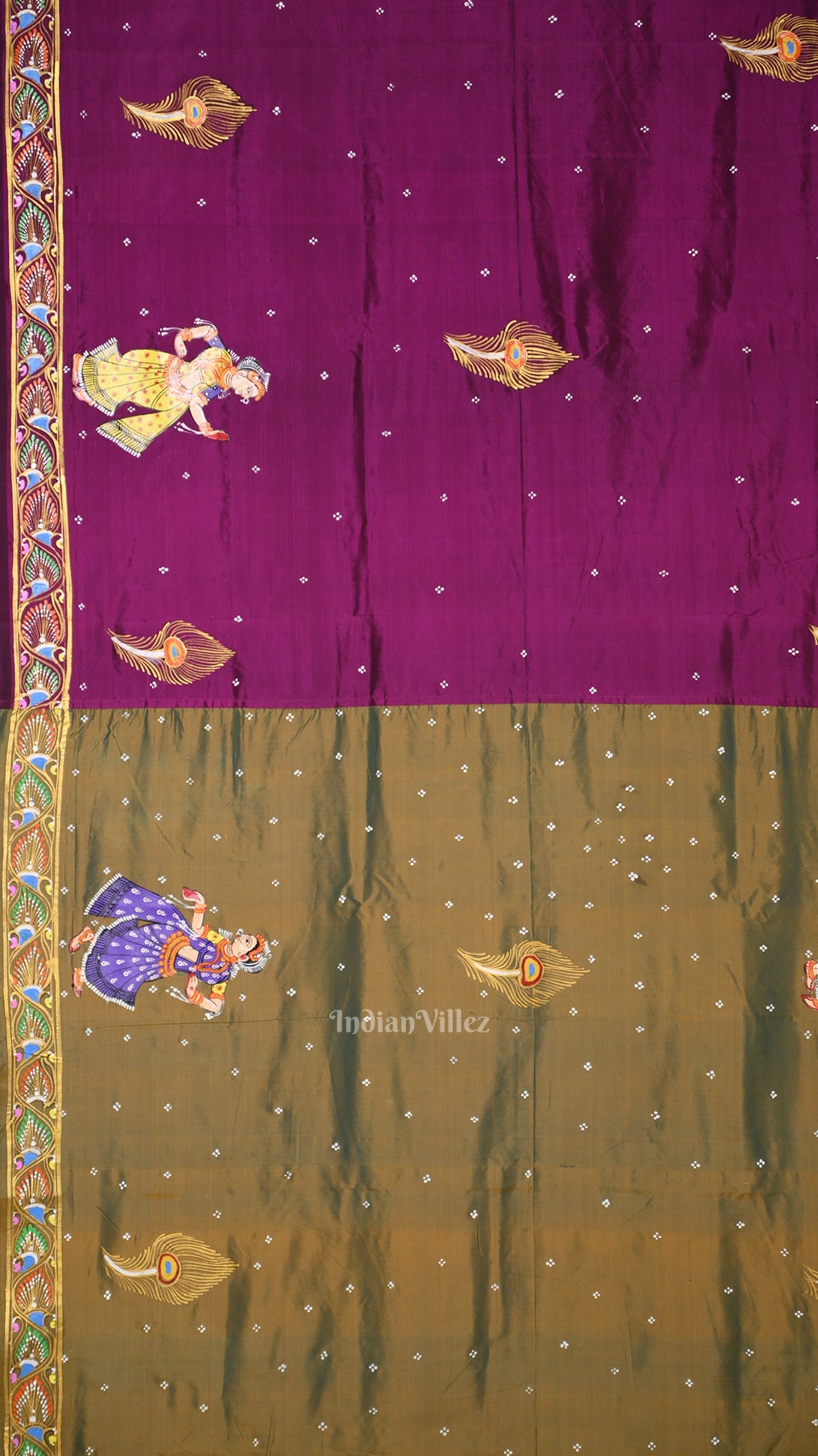 Mehendi Green Dual Tone Giri Govardhan Hand-Painted Pattachitra Saree