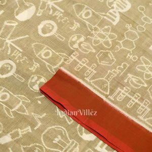 Light Beige Sceince Theme Sambalpuri Odisha Ikat Cotton Fabric