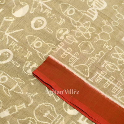 Light Beige Sceince Theme Sambalpuri Odisha Ikat Cotton Fabric
