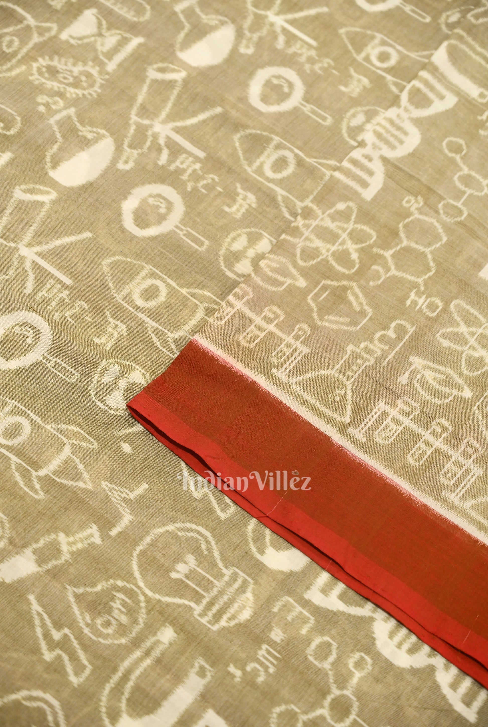 Light Beige Sceince Theme Sambalpuri Odisha Ikat Cotton Fabric
