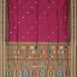 Magenta Pink Shree Mandir Theme Bomkai Sambalpuri Ikat Silk Saree