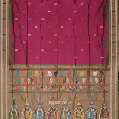 Magenta Pink Shree Mandir Theme Bomkai Sambalpuri Ikat Silk Saree