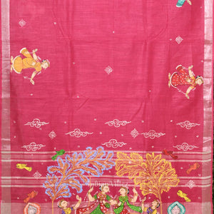 Rani Pink Raja Doli Theme Hand- Painted Pattachitra Saree