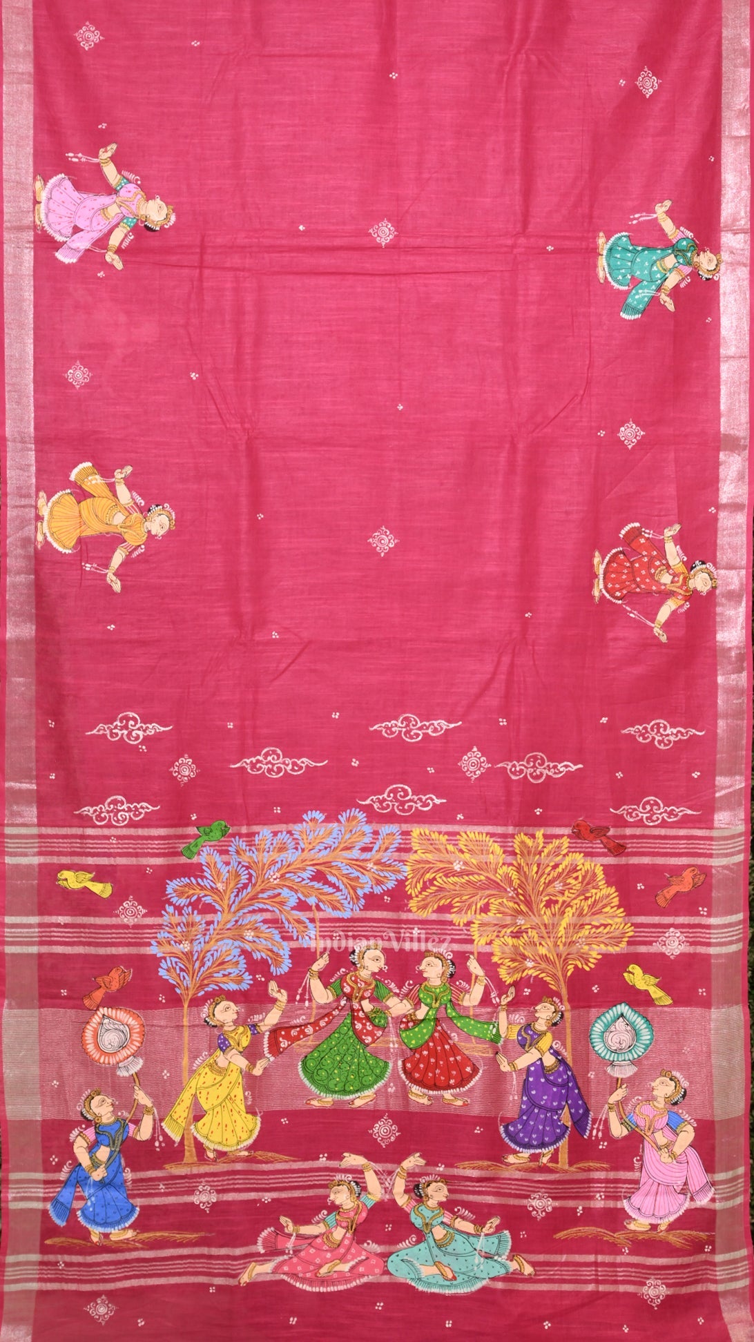Rani Pink Raja Doli Theme Hand- Painted Pattachitra Saree