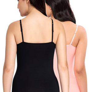 Spaghetti Strap Body Hugging Modal Camisole (Pack of 2) - Black - Impatiens Pink