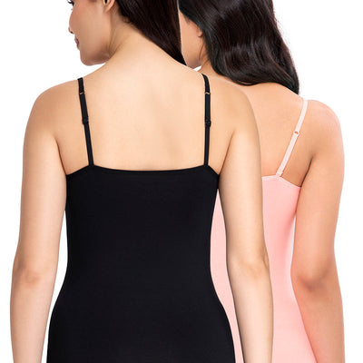 Spaghetti Strap Body Hugging Modal Camisole (Pack of 2) - Black - Impatiens Pink