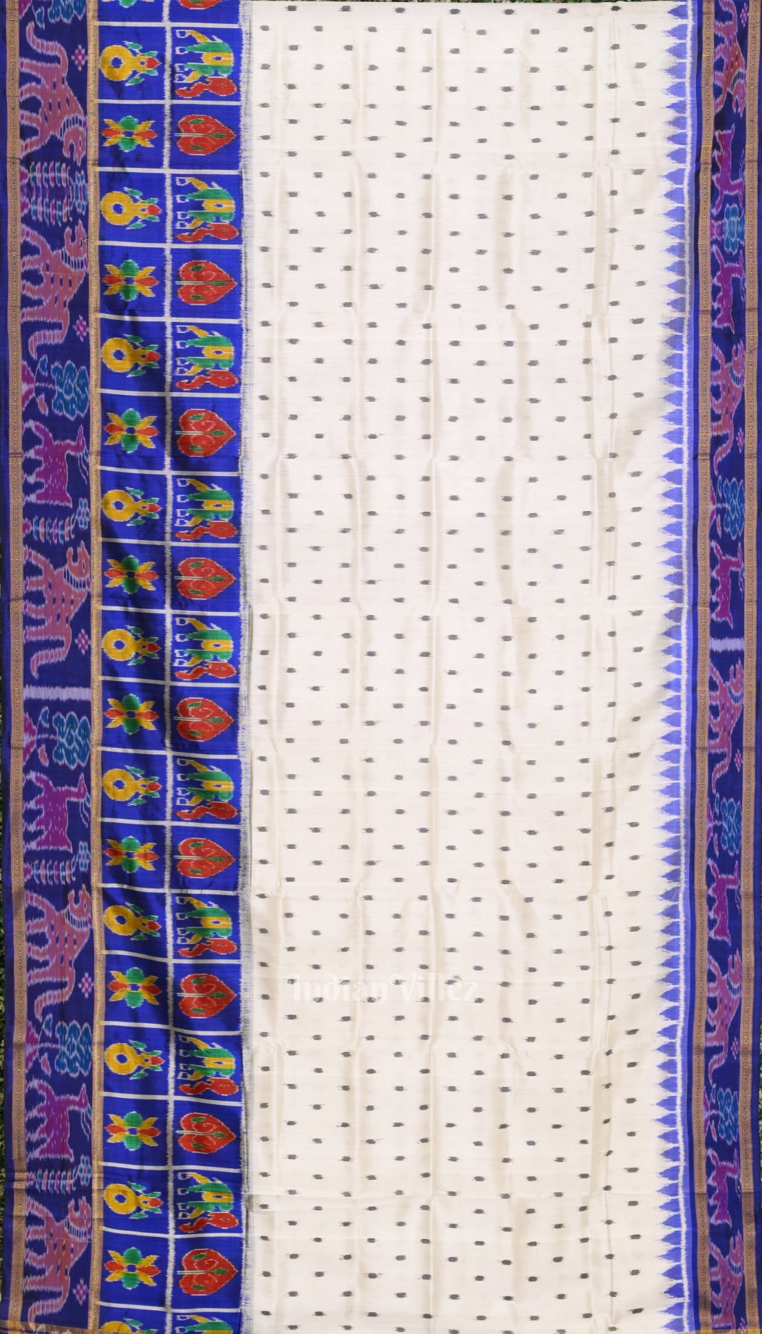 Off White with Royal Blue Animal Theme Khandua Silk Saree