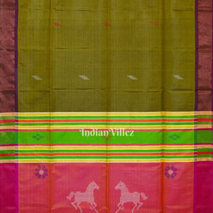 Olive Green Peach Handwoven South Soft Silk Saree